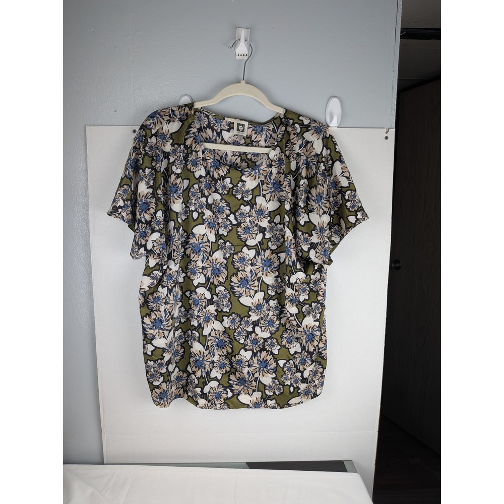 ANNE KLEIN Womens XL Green Floral Short Sleeve Scoop Neck Top